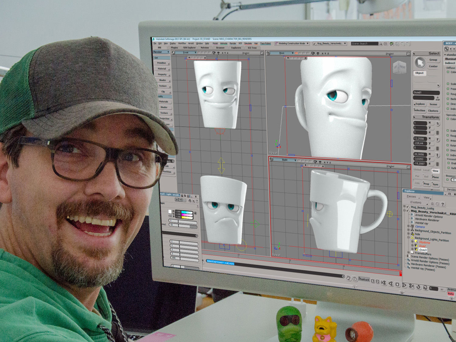 Dieser Prozess des dreidimensionalen Reinzeichnens in Blackbox dauerte ungefähr zwei Wochen. Dann hat mein Partner Timm Osterhold mit dem Mug rumexperimentiert und auch einige schöne 3D-Posen erstellt. Und wie kam der Gesichtsausdruck mit dem aufgerissenen Mund zustande?